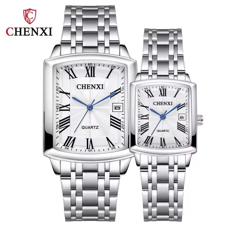 CHENXI 079A Fashion Dating Couple Quartz Watch Simple Simulation Display Stainless Steel Strap Square Men's and Women's Watches