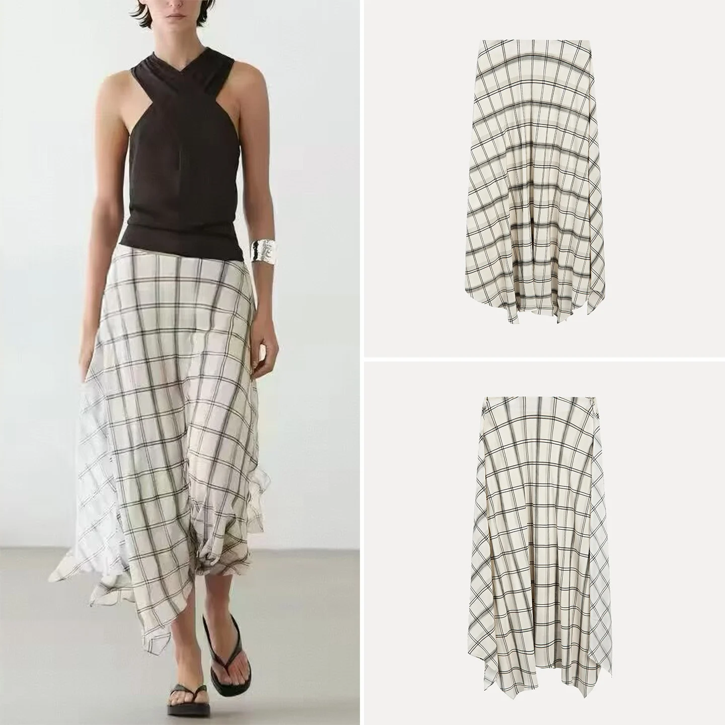 Women's Asymmetric Midi Skirt Summer 2026 Salt Wind Wander Irregular Plaid Skirt Standard Fit mid Waist Other Material