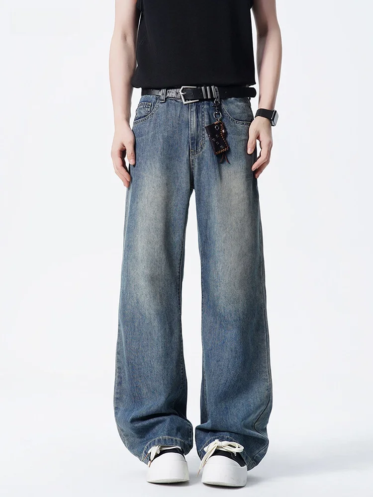 

Retro American Straight Leg Jeans Men Summer Thin Fashion Brand Washed Micro Flared Loose Wide Leg Long Pants Casual Style