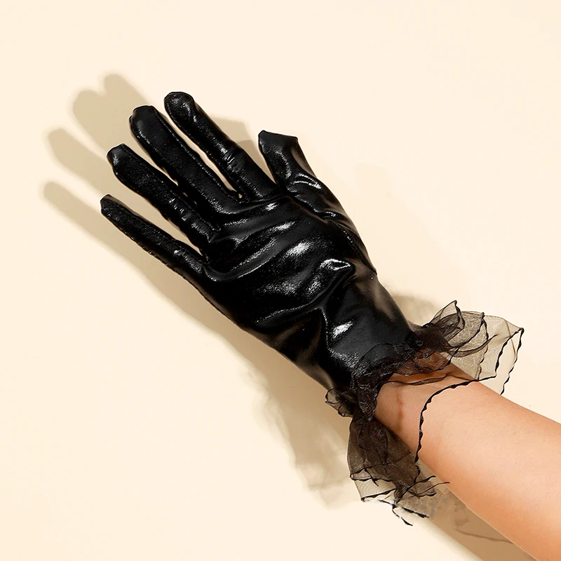 Mode Sexy Kant Korte Handschoenen Vrouwen Lakleer Handschoenen Gothic Ruches Volle Vinger Handschoenen Dames Nachtclub Dans Wanten