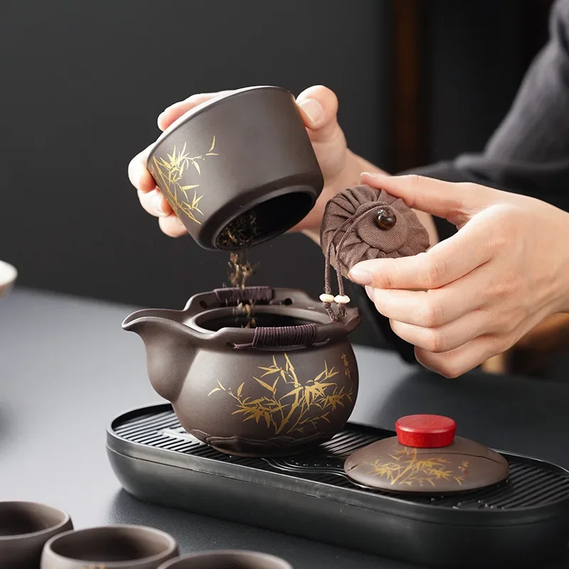 Chinese Tradition Zisha Travel Tea Set, One Pot Four Cups, Outdoor Kung Fu Portable Cup Teaset, High-end Gift Printable LOGO