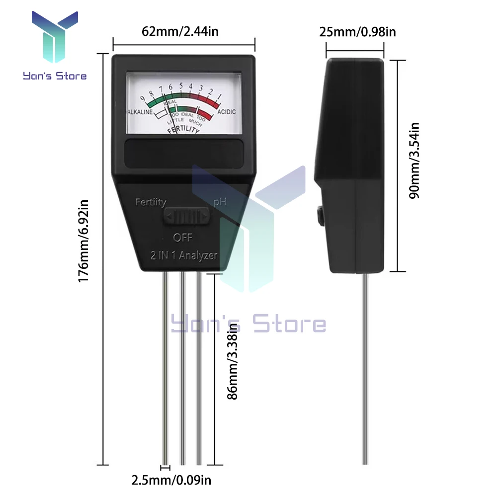 Misuratore di fertilità del PH del suolo 2 in 1 con 3 sonde Tester del PH del suolo misuratore di acidità del dispositivo di misurazione Fertile della pianta per il giardino