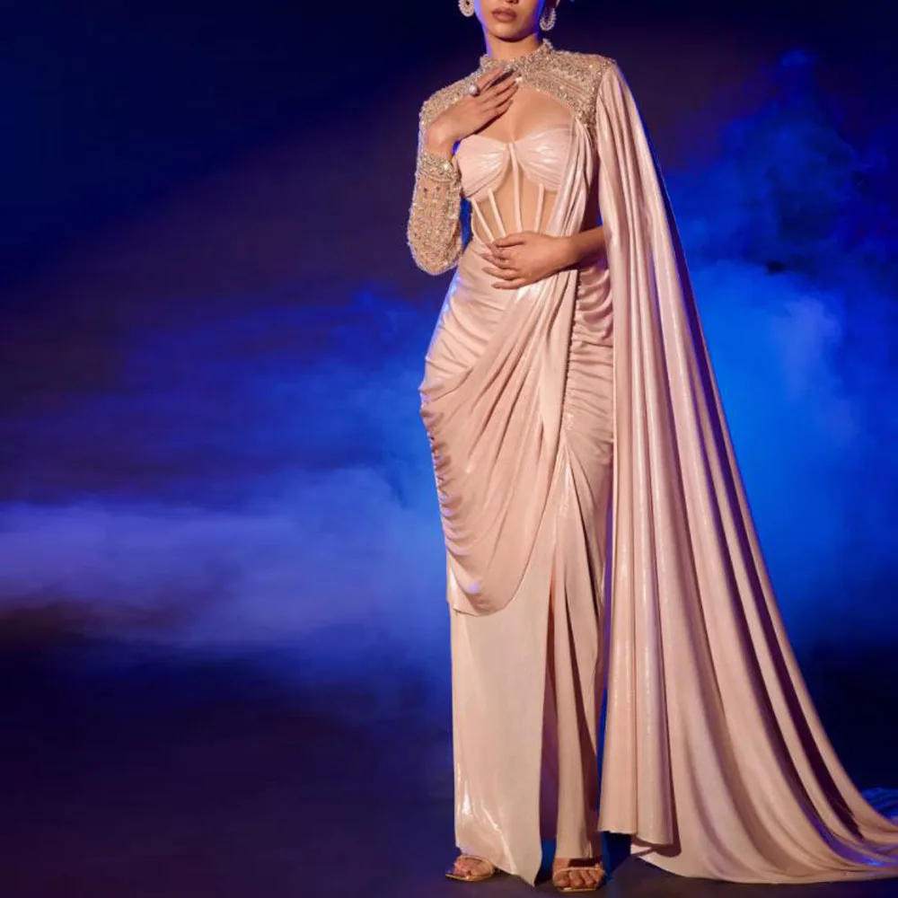 

Сверкающее банкетное вечернее платье по индивидуальному заказу на одно плечо с накидкой, платье знаменитости с драпировкой, платье русалки на заказ для особых случаев