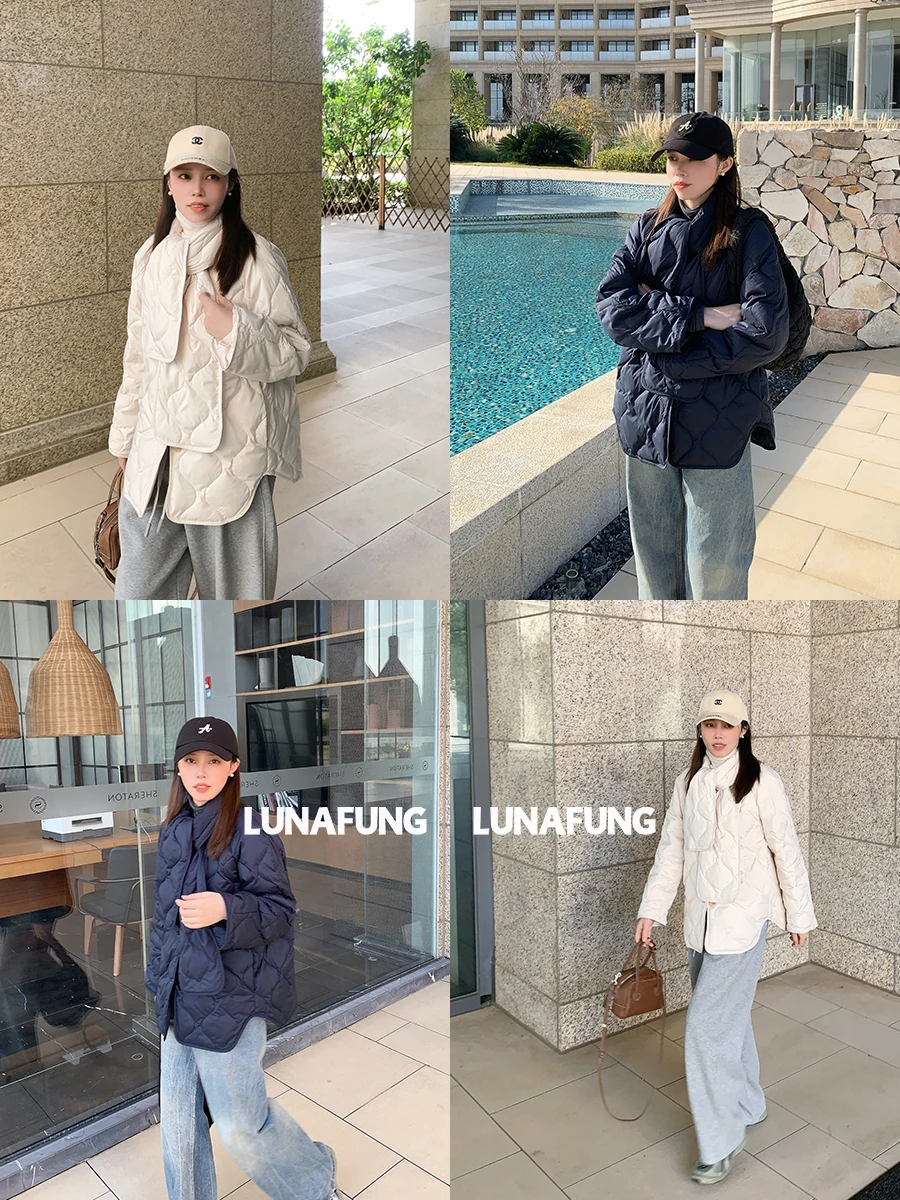 

LUNUNG Lightweight Quilted Du down Jaet with Scarf Collar Diamond Pattern Warm Casual Loose Fit Women's Coat