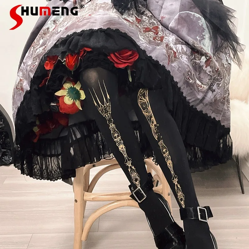 

Новые японские столовые приборы для ужина, нож, вилка, колготки, оригинальное платье Лолиты, вышивка, темный готический стиль для девочек, дизайн, чулки из золотой фольги