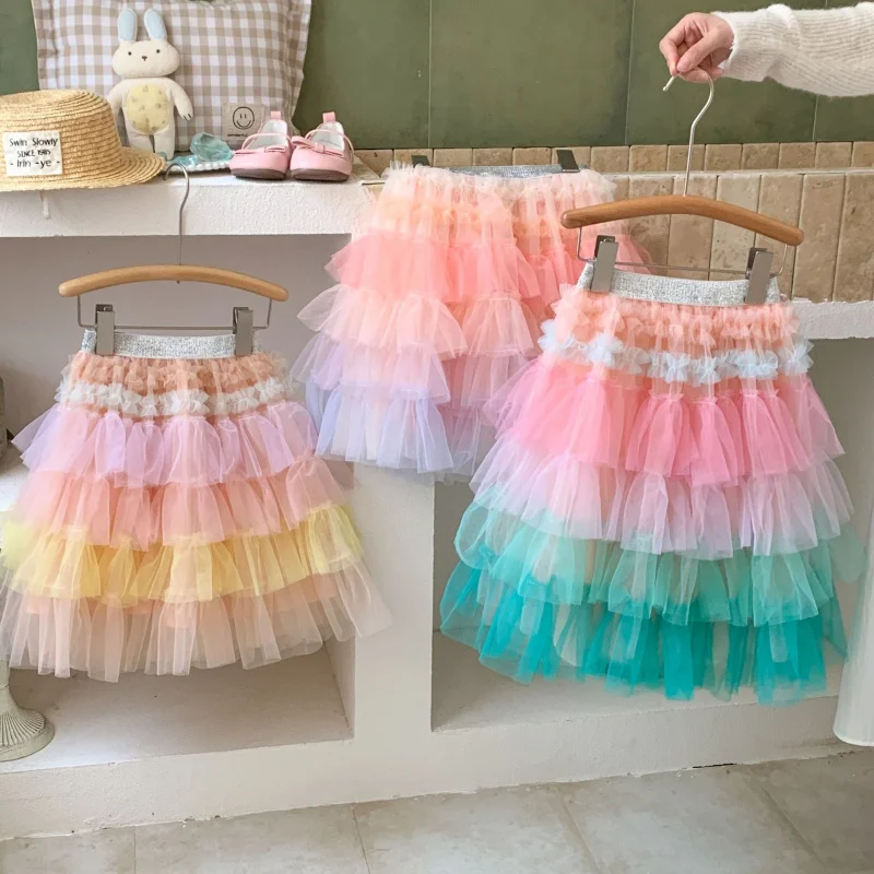

Kids Rainbow Cake Skirt for Girls Clothing Princess 1-12Y Baby Teens Children's Mesh Puffy Birthday Program Dance Skirt