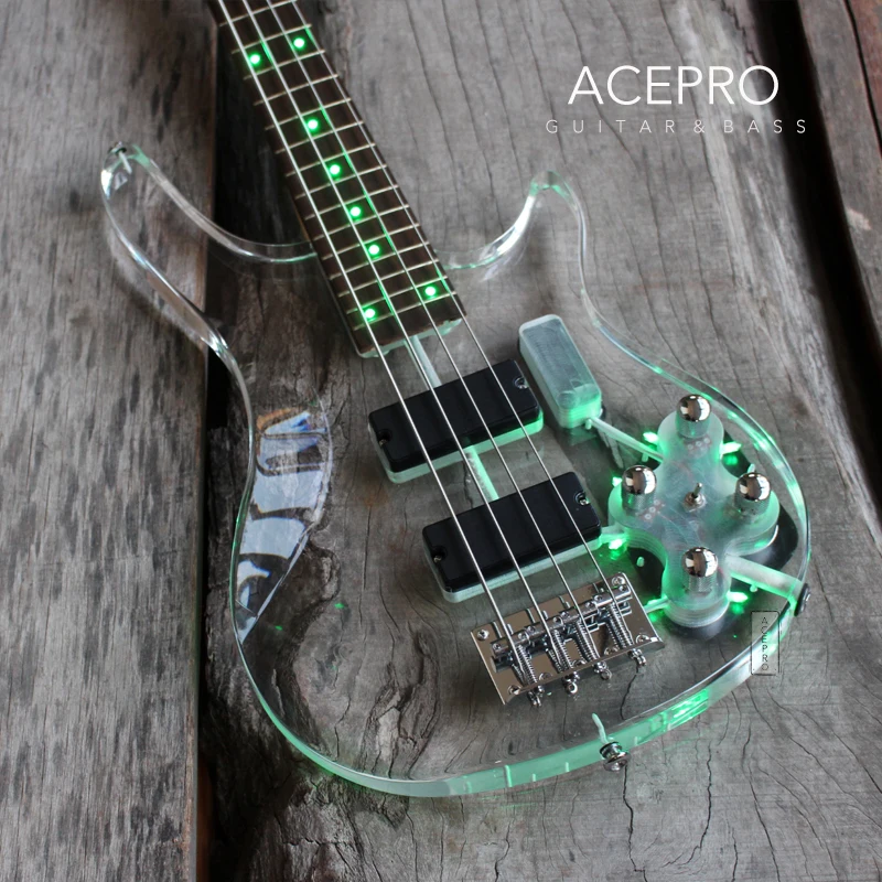 4 String Acrylic Body Electric Bass Guitar, Maple Neck, Rosewood Fingerboard, Green or Blue Leds, High Quality