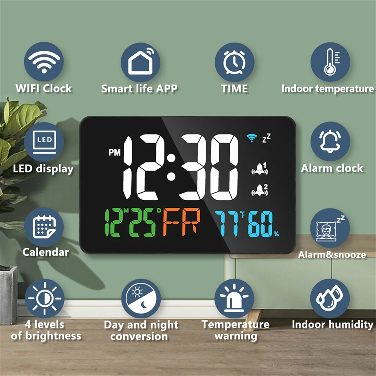 Digital Clock Alarm Clock WiFi Clock, Extra Large Letters, Temperature and Humidity, Calendar, Week, 4-Level Brightness