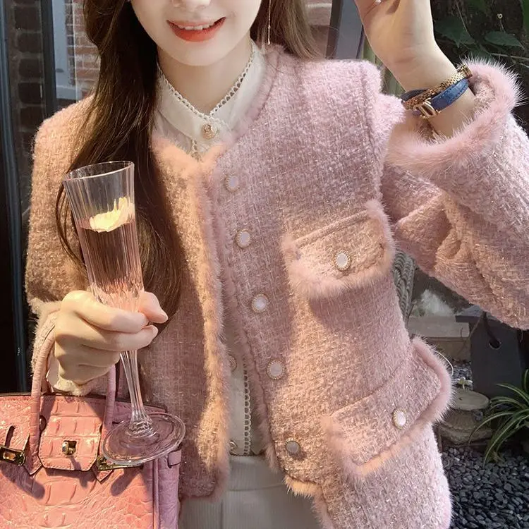 Korean Style Vintage Tassels Elegant Lady Tweed Jackets Pink Long Sleeve Suit Coat Women Autumn Winter Short Blazers Female YL6