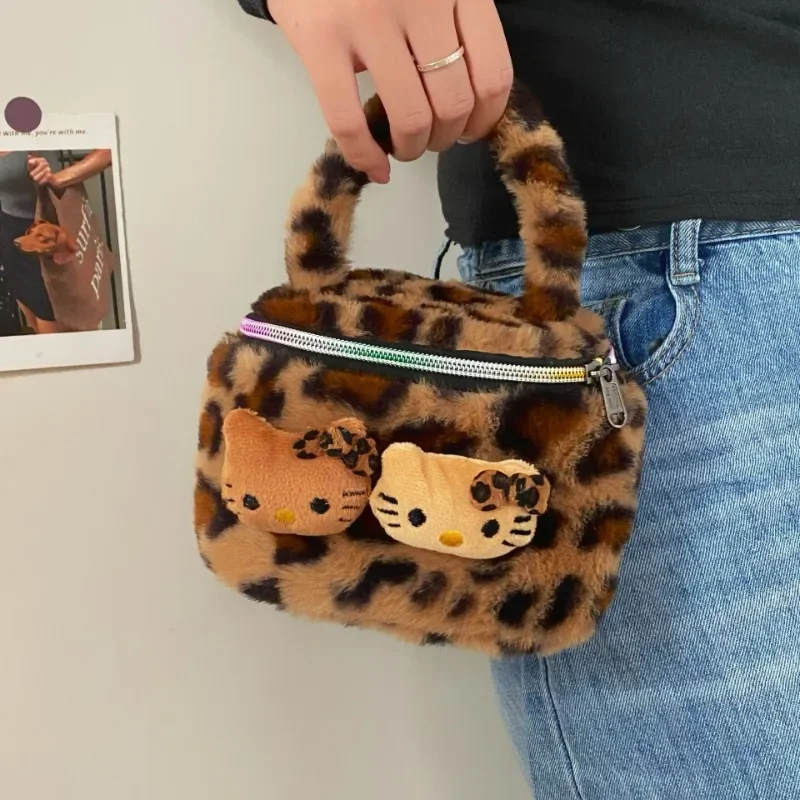 Kawaii Sanrio Hello Kitty Leopard Print Cat Plush Portable Cosmetic Bag Women Ins Portable Travel Skin Care Product Storage Bags