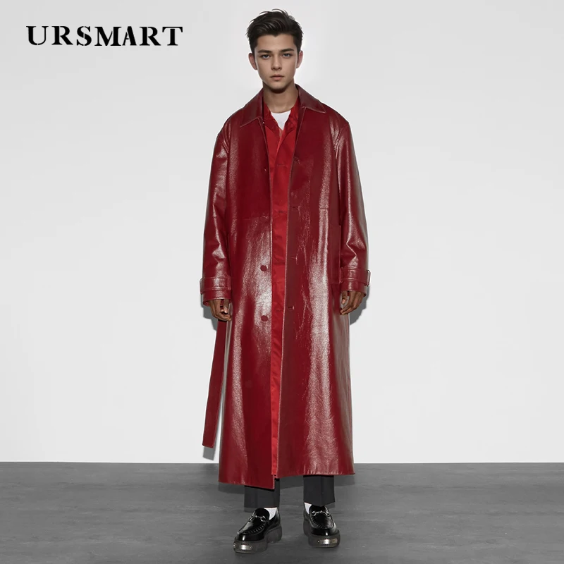 

Men's genuine leather trench coat super long wine red knee length single breasted custom British fashion sheepskin coat men