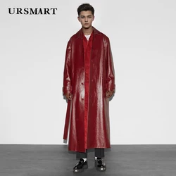 Men's genuine leather trench coat super long wine red knee length single breasted custom British fashion sheepskin coat men