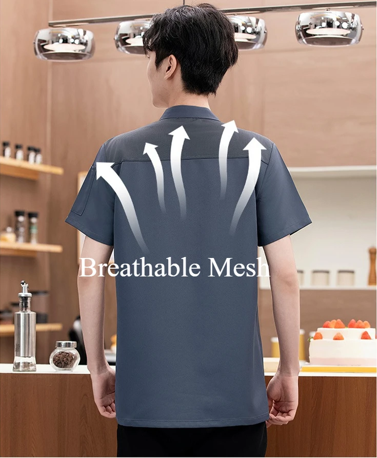 Kitchen Chef coat black Men short sleeve Chef Jacket Breathable Mesh chef uniform with apron Restaurant work clothes accessories