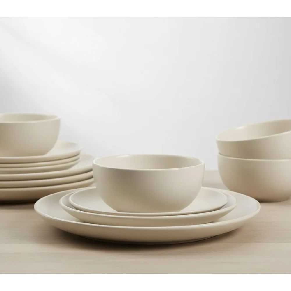 

Modern Matte Stoneware Dinnerware Set for 4, Cream Plates & Bowls, Microwave & Dishwasher Safe