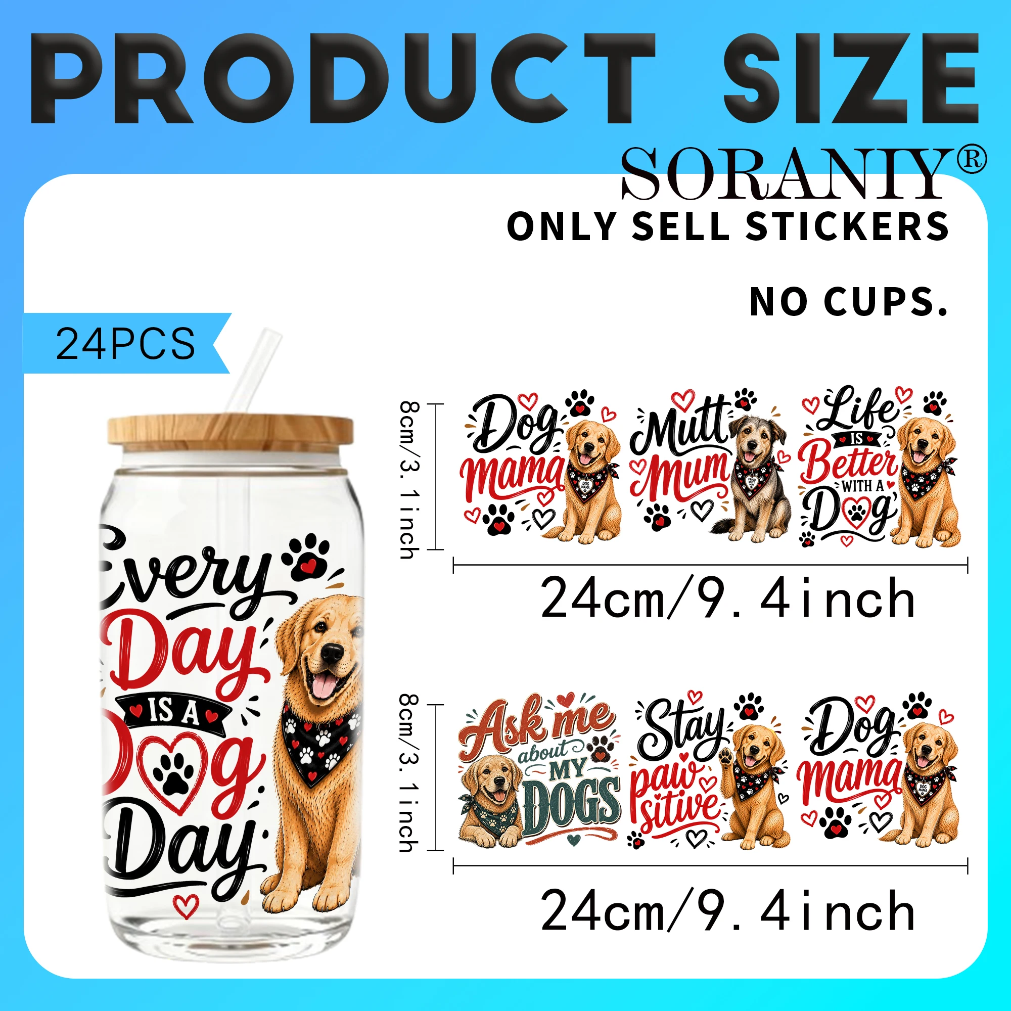 24PCS/Set Funny Dog Quotes Dog Lover Themed UV DTF DIY 16OZ Transfer Stickers Water Bottles Glass Bottles Laptops Home Decoratio