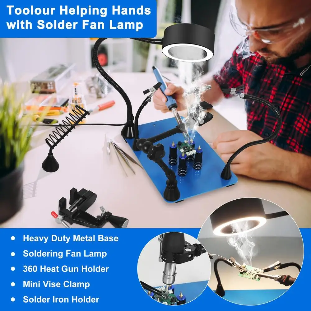 Soldering Third Hand Tools with Smoke Extractor Light Vise Clamp PCB Holder Magnetic Arms Hot Air Gun Stand Craft Repair Helper