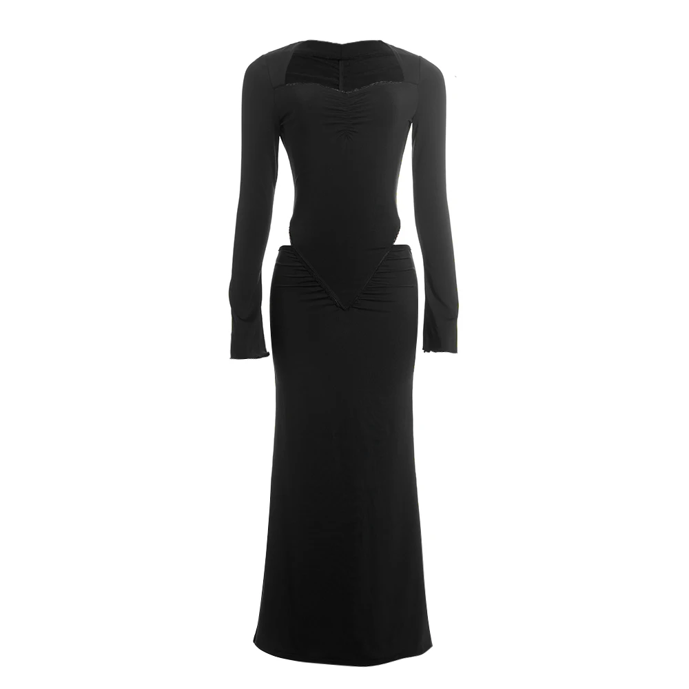 Pure kleur V-hals lange mouw wikkelborstjurk Sexy blootgestelde taille Splice lange jurk voor dames Europese en Amerikaanse stijl