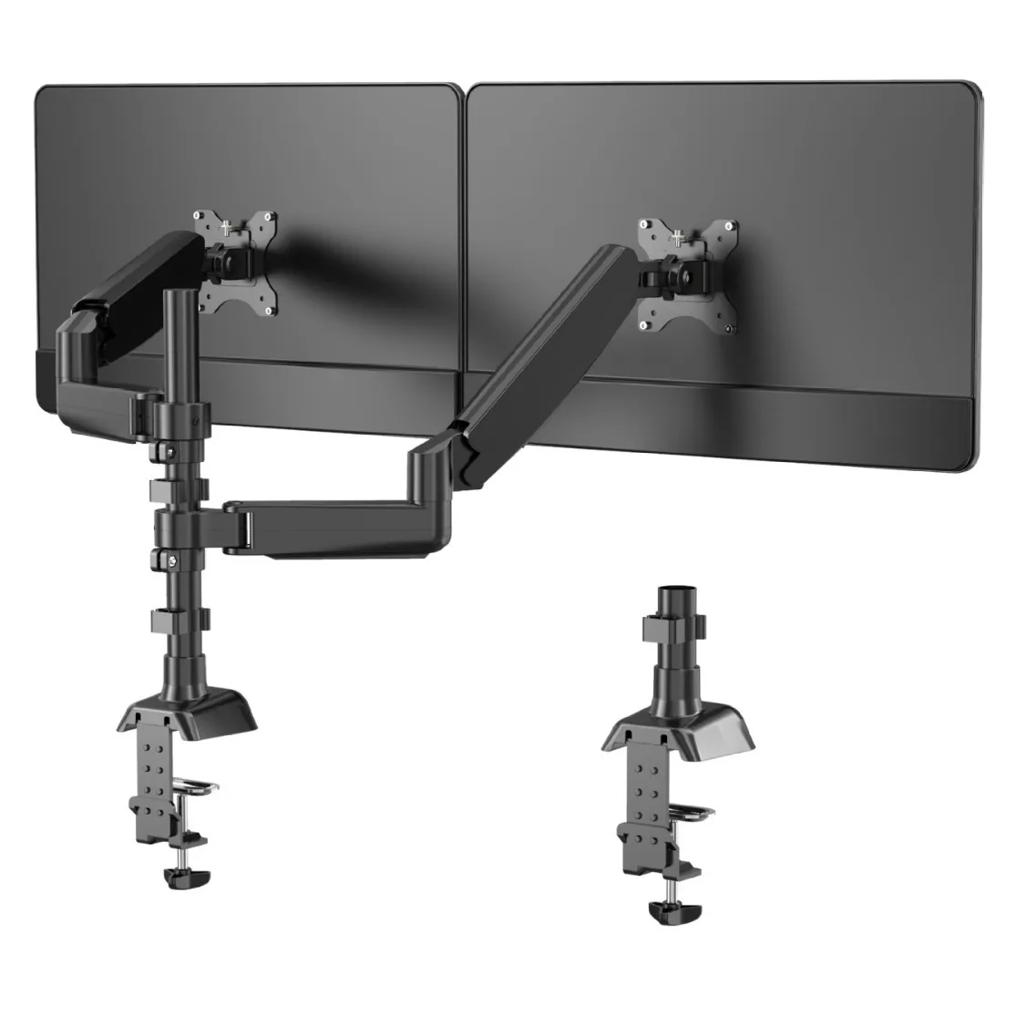 The computer monitor stand is suitable for 17-27 inch desktop monitors. It features dual-arm supports with built-in gas springs
