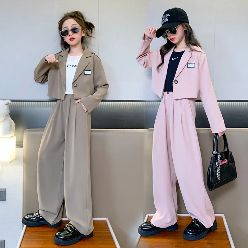 Teenage Girls Blazer Suits Set 2 Elegant Pieces High Waist Jacket +Wide Leg Pants Spring Autumn Casual Formal Children Costume