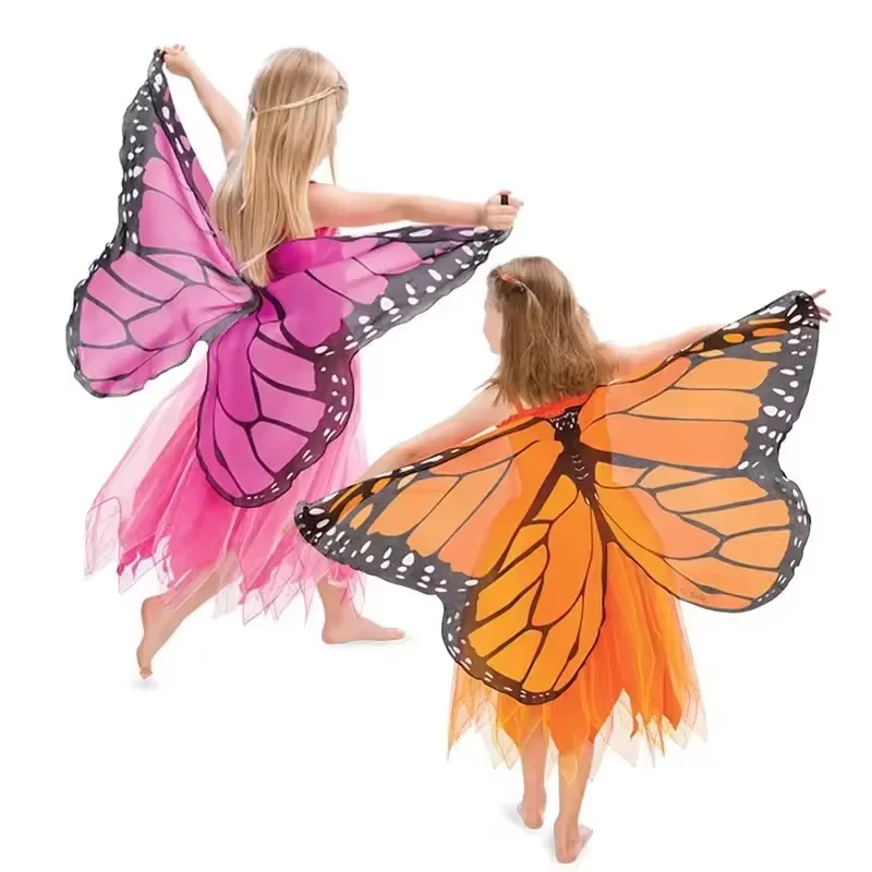 Kids Butterfly Cosplay Costume Girl Fairy Butterfly Wings Chiffon Blue Pink Purple Cloak Felt Cape Halloween Dress Up Costumes