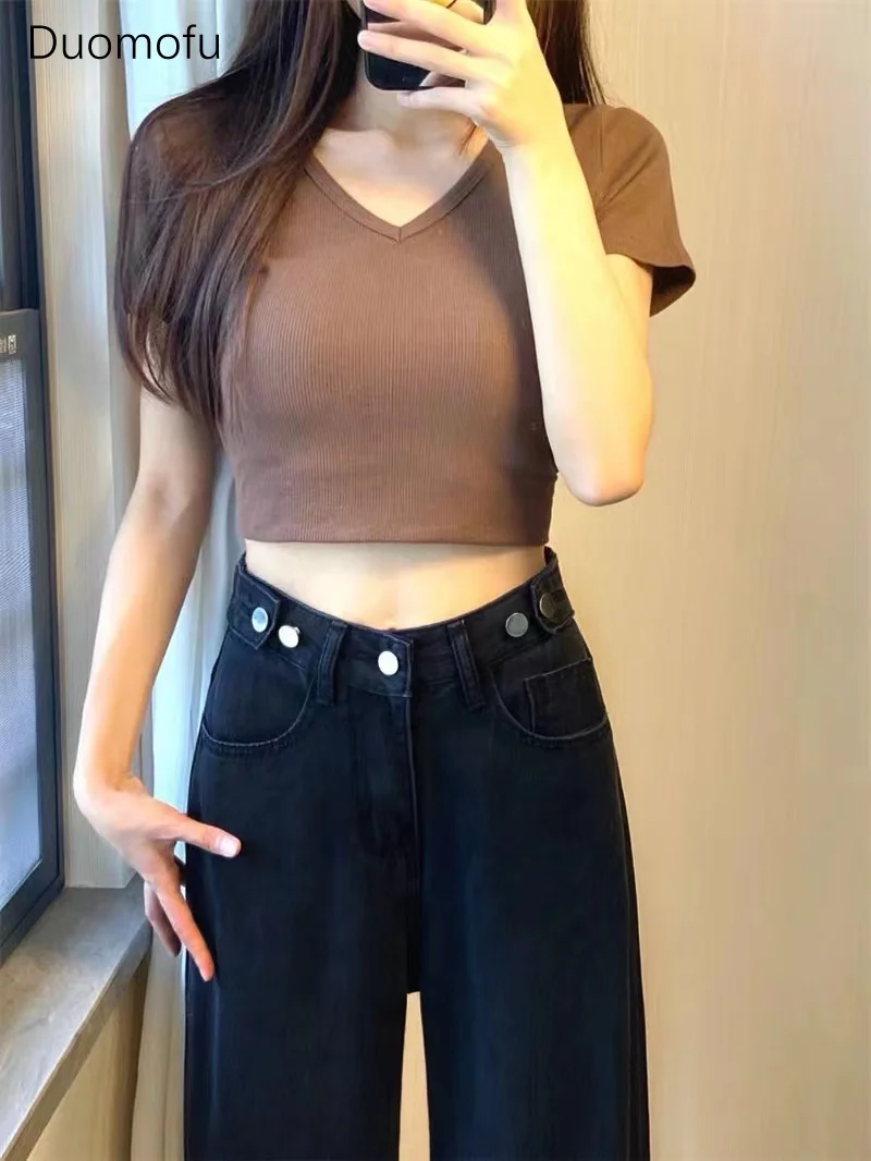 Duomofu Black Basic High Waist Slim Chic Button Women Jeans Autumn Loose Fashion Full Length Simple Casual Straight Female Jeans
