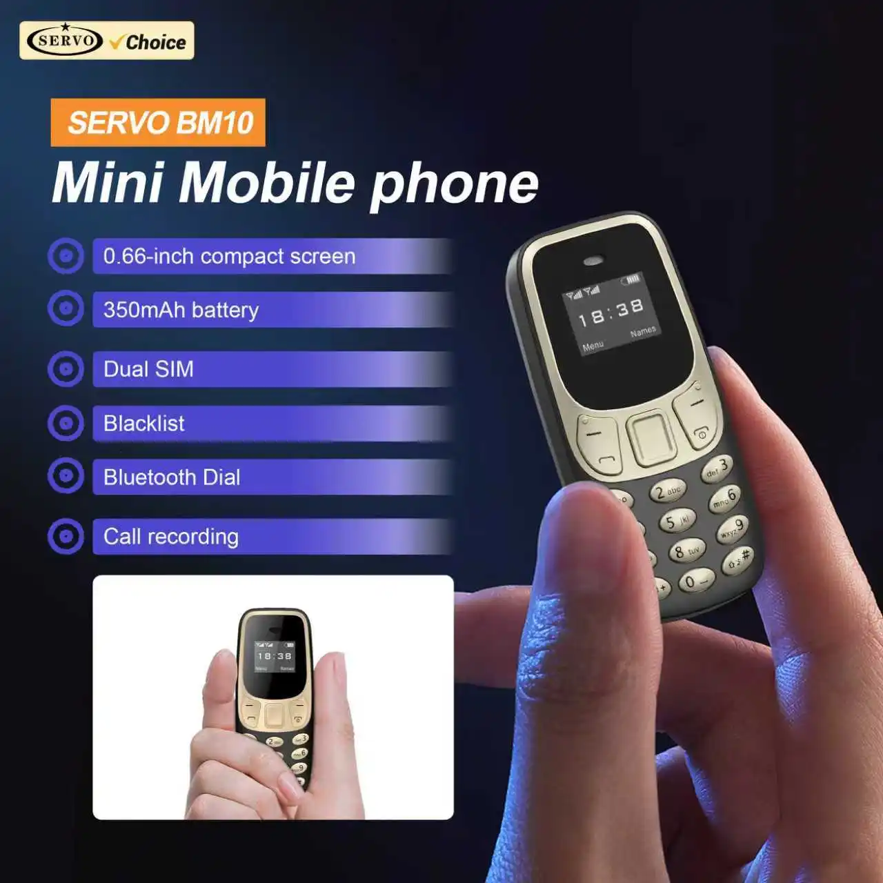SERVO BM10 Super Mini Mobile Phone 2 SIM Standby Blacklist Magic Voice Call Recording 2G GSM Smallest Backup Feature Cellphones
