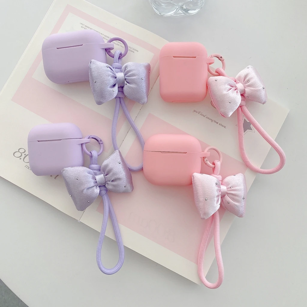 Sweet Fresh Pink Purple Silicone With Bowknot Pendant Lanyard Earphone Case Cover for AirPods 1 or 2 3 4 5 Pro2 Pro3