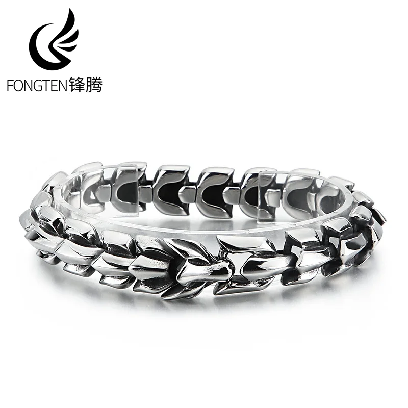 Fongten Bracelet For Men Silver Color Stainless Steel Bone Link Chain Male Bangle Bracelets Shiny Wristband Jewelry Wholesale