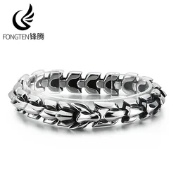 Fongten Bracelet For Men Silver Color Stainless Steel Bone Link Chain Male Bangle Bracelets Shiny Wristband Jewelry Wholesale