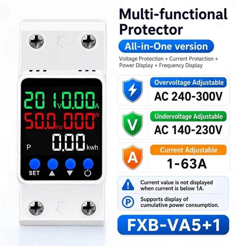 N04R Din Rail Under-Voltage Protector 63A Over/Under-Voltage Protector 63A 220V V/A/KWH/Hz/Power 5In1 Voltage Protector Relay