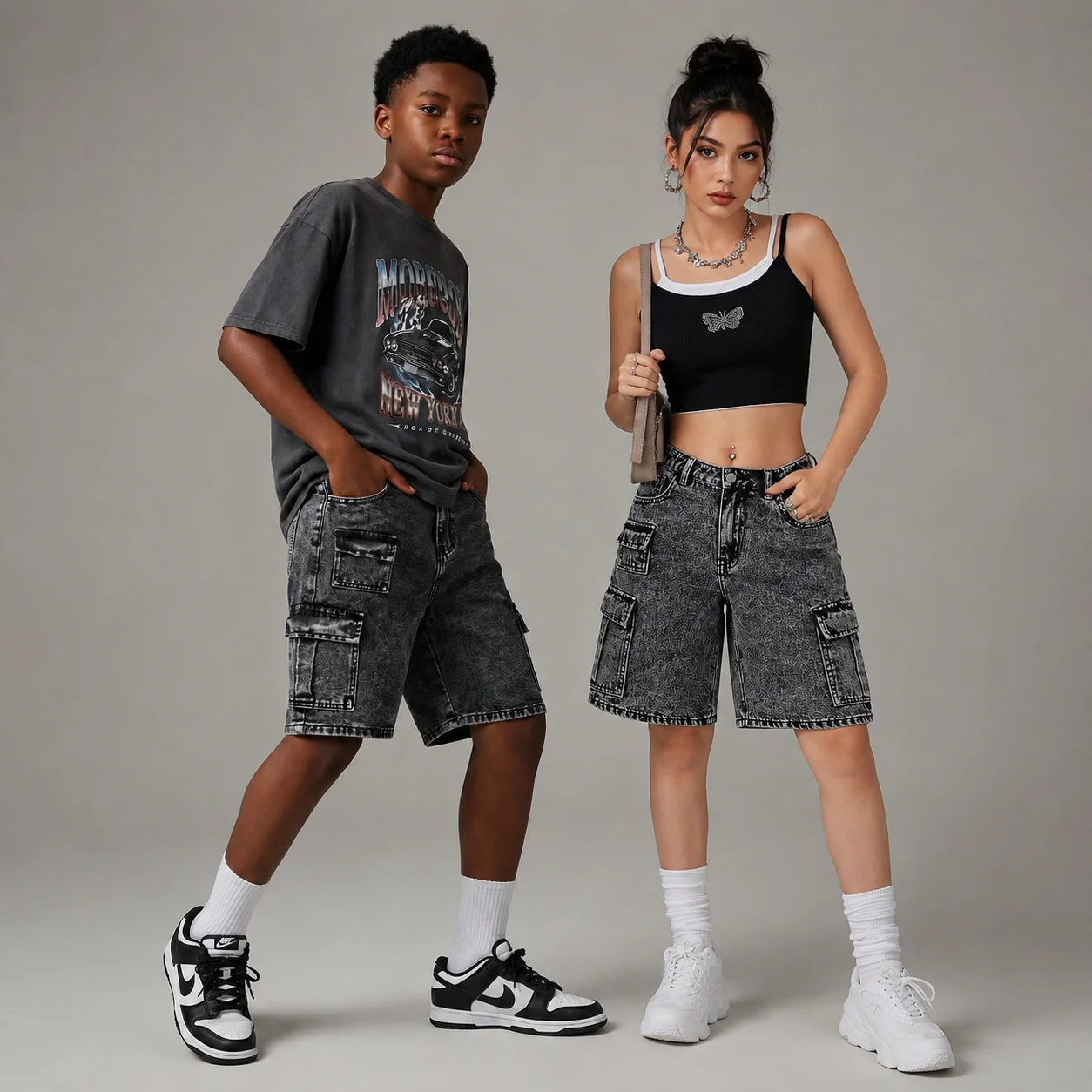 Summer Teen Boy Girl Washed Denim Cargo Shorts Unisex Y2K Fashion Streetwear Loose Fit Knee Length Jean Shorts Multi Pocket