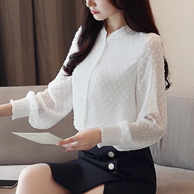 2024 Fashion Sweet  Wave Point Long Sleeve Women Shirt Autumn Casual White Blouses Office Lady Elegant Tops