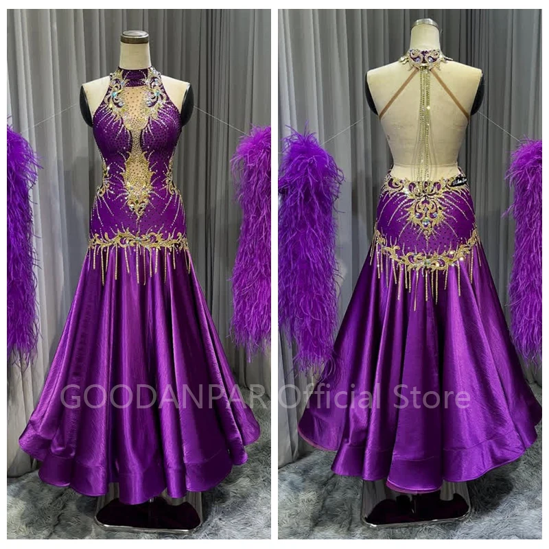

GOODANPAR Long Sleeve New Standard Ballroom Dance Dress Women Girls Competition Costume Sleeveless Lycra with ostrich Fethers