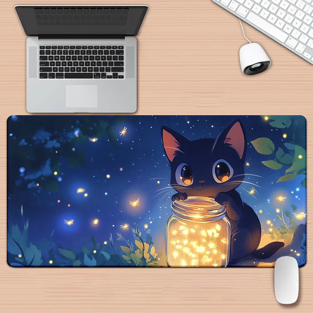 

XXL Cute black cat Starry Night and Firefly design high-definition printed mouse pad, large game and office keyboard pad
