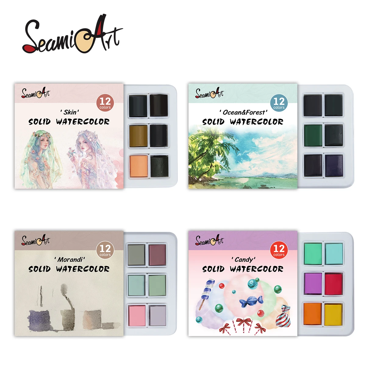 SeamiArt 12Color Skin/Ocean/Candy/Morandi Solid Watercolor Set Simple Package for Painting Art Supplies