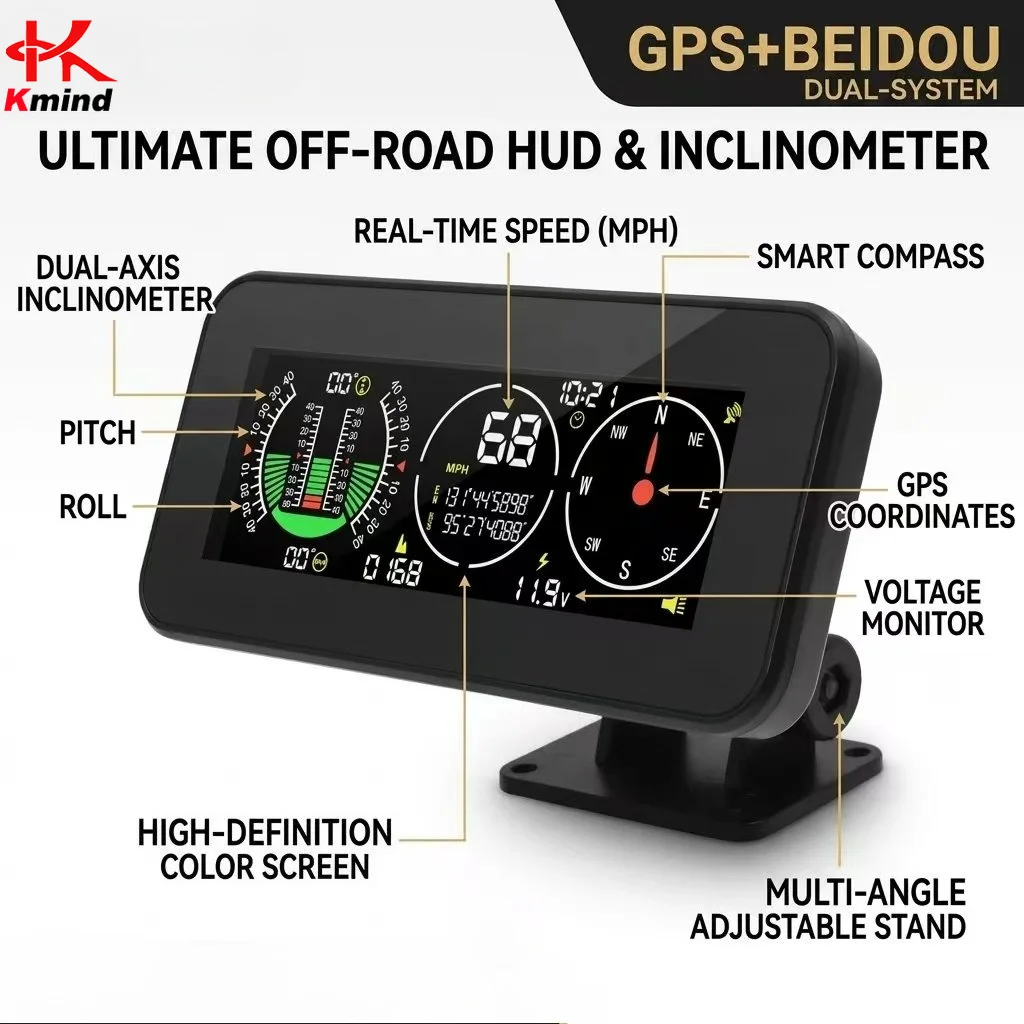 KMIND GPS Beidou Dual System Off-Road HUD Head Up Display Car Inclinometer Digital Speedometer Smart Compass Slope Level Gauge