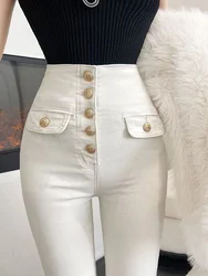 Streetwear Spring Women Luxury Pencil Pants Trousers White Slim High Waist Girls Single Buttons Pants