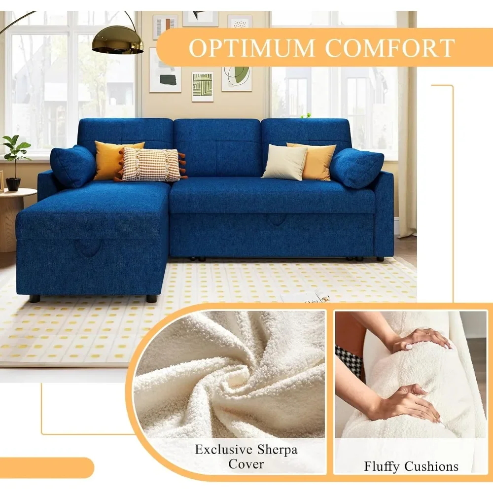 Sofa Bed, Sofa Sleeper with Storage Chaise, L Shape Pull Out Couch Bed, Oversized Sofas for Living Room-Blue Linen Sofa Bed