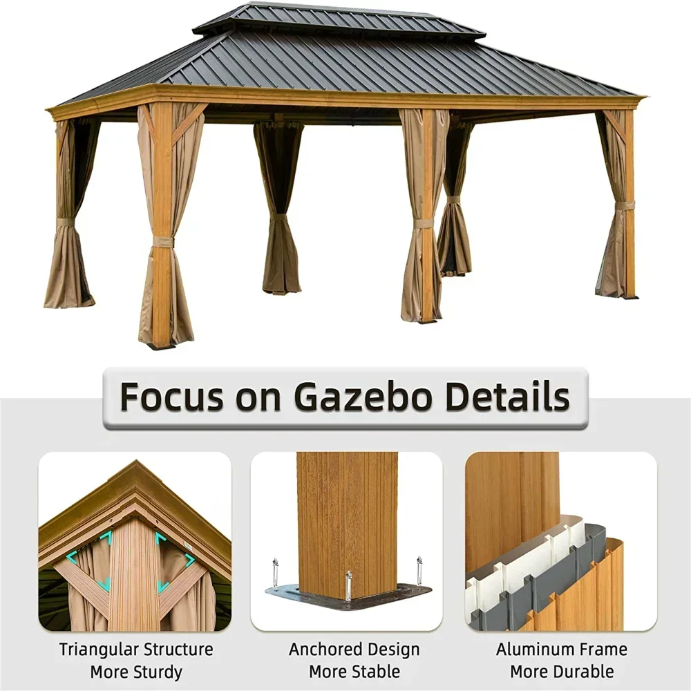 12'x20' Hardtop Gazebo Outdoor Aluminum Wood Grain Gazebos with Galvanized Steel Double Canopy for Patios Deck Backyard