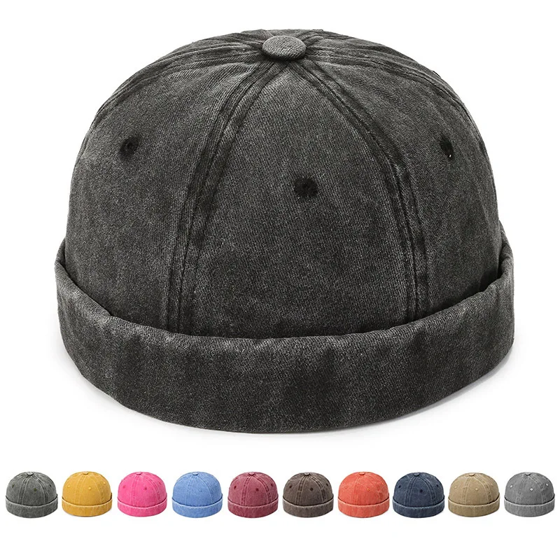 

Vintage Men dome hat Washed Denim Pumpkin Hat Hip Hop Hats Brimless Skullies Cap Portable Street Solid Landlord Hat Outdoor 2024