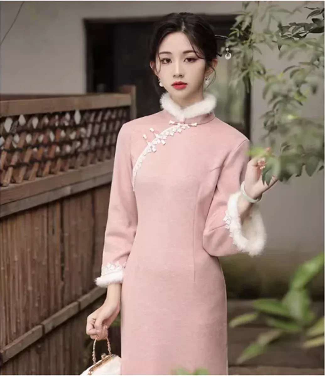 

Winter Cheongsam Tradition Chinese Dress Women Pink Thick Oriental Chipao