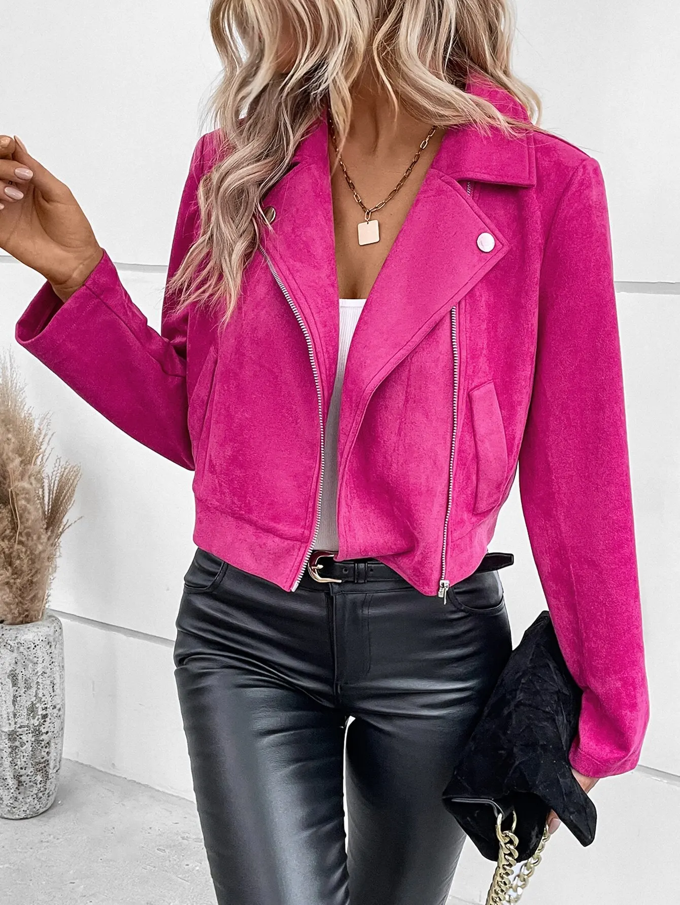 

Women's Fuchsia Suede Moto Jacket with Zipper Front and Lapel Collar, Cropped Fit for Fall Winter