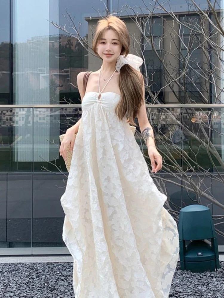 2025 春 ホルターネック バックレス ドレス A ライン パッド入り ビーチ ドレス エレガント レース カットアウト リゾート マキシ ドレス ガールズ レディース