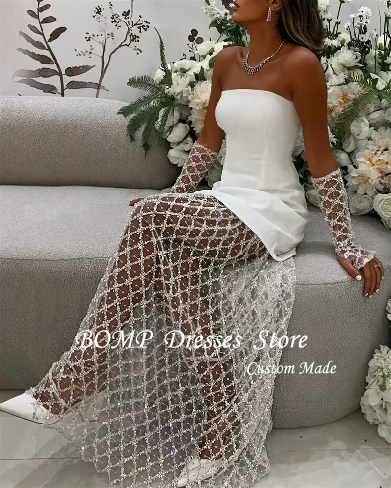 BOMP White Wedding Dresses Strapless Lace Skirt Dubai Arabic Women bride Gowns Grid Fabic Formal Evening Dress Customized