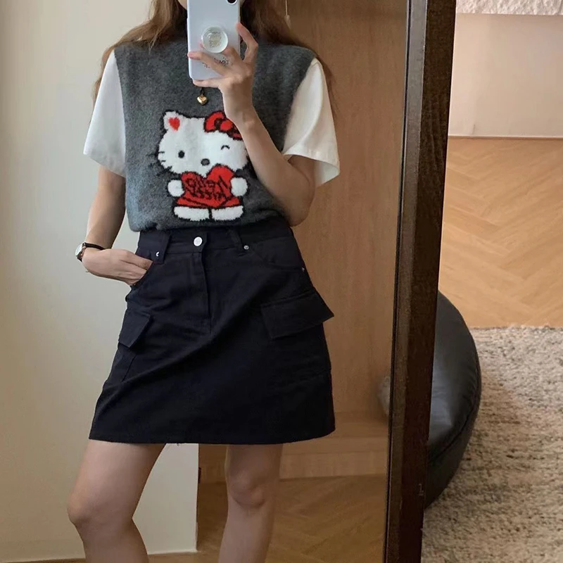 Miniso Hello Kitty Knitted Tank Top Women's Cartoon Pattern Soft Top Cute Casual Knitted Hoodie Age Reducing Versatile Tank Top