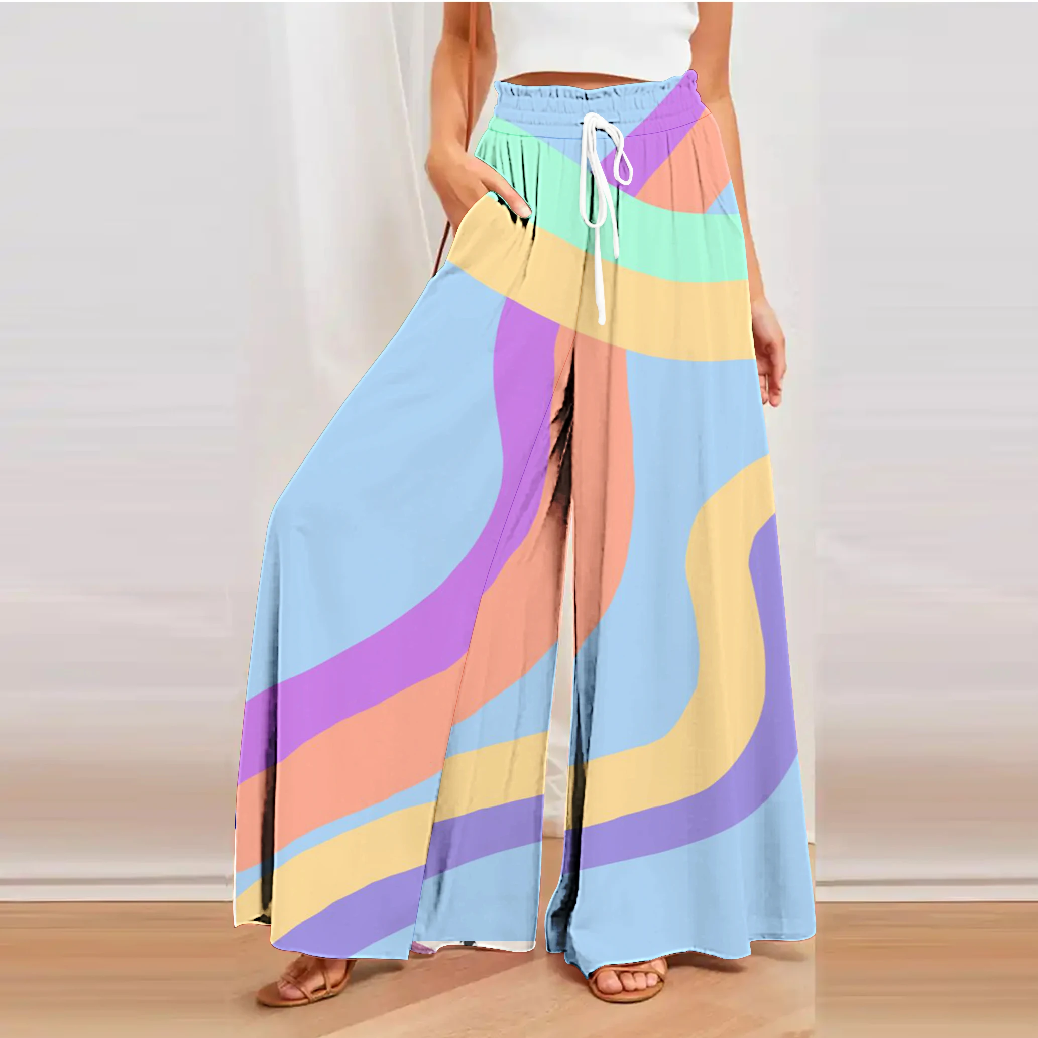 2023 Women's Rainbow Plaid Art Wide Leg Pants 3D Printed Pants Elastic High Waist Modern Trousers Streetwear Design Wide Pants