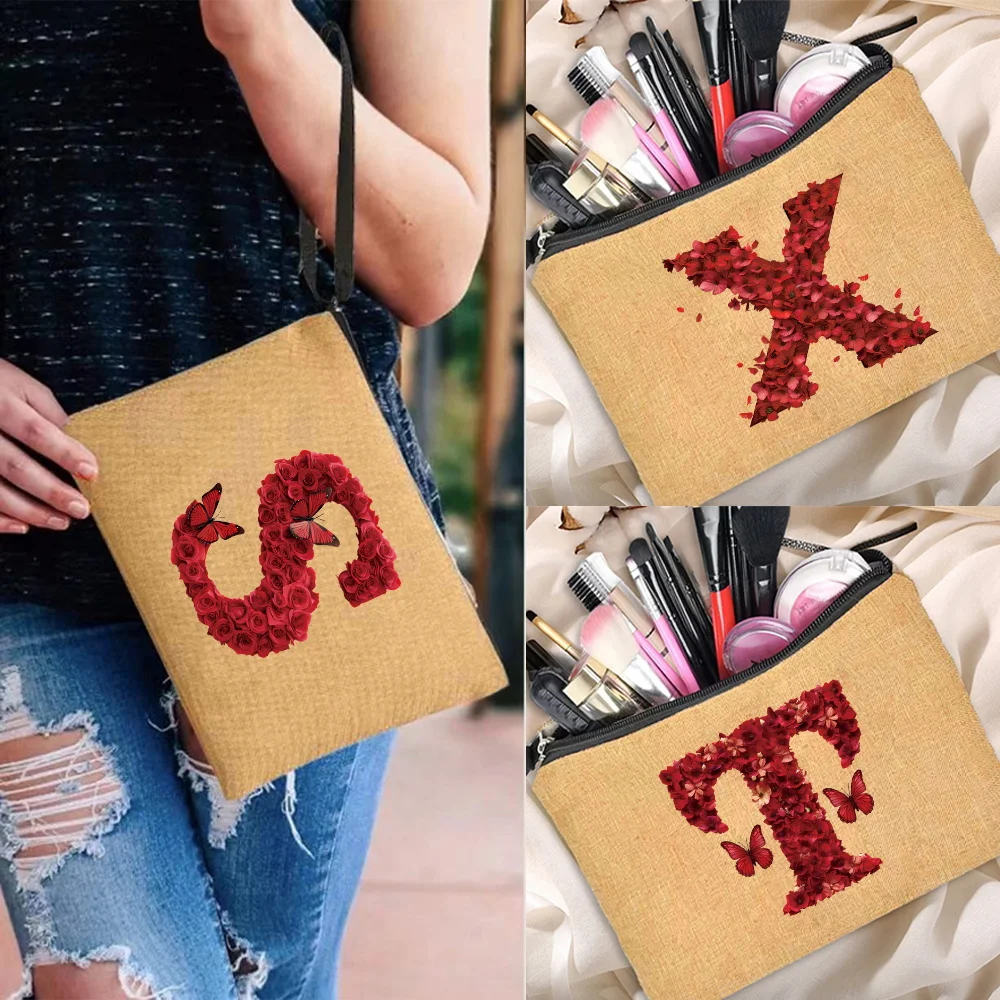 Bolsa de maquillaje para mujer, neceser de algodón de imitación con cremallera, neceser de lavado esencial de viaje, organizador de serie con estampado de rosa roja