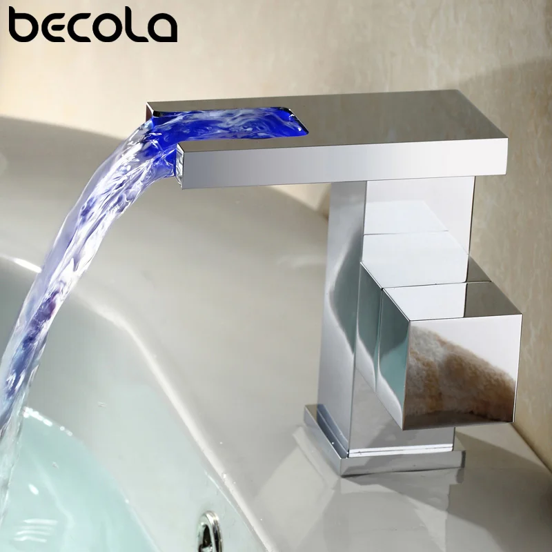 LED Waterfall Bathroom Basin Faucet Temperature Cold Hot Water Mixer Crane Sink Tap Color Change Powered by Water Flow Faucets