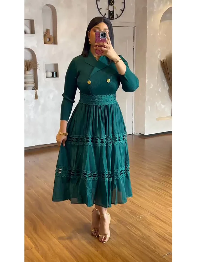 ANLAN Pleated New Women's Dress Miyake Autumn Temperament Long Sleeve Lace Hollow Waist Slim Elegant Swing Long Dresses 3AN1548