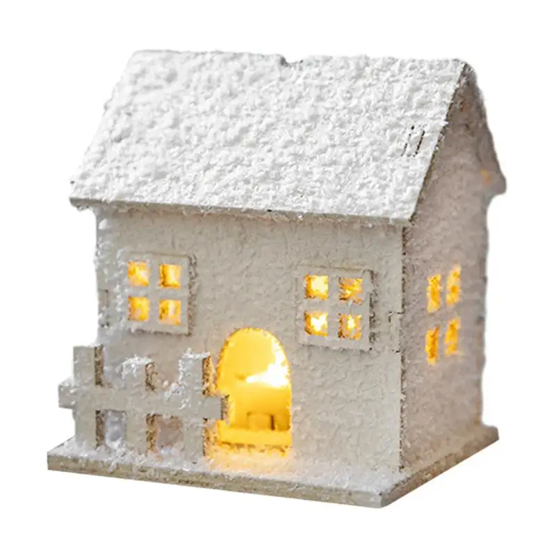 White Christmas Houses LED Lighted Mini Wood Christmas Village Houses Hand-Painted Decorative Snowy Frosted Christmas Tree